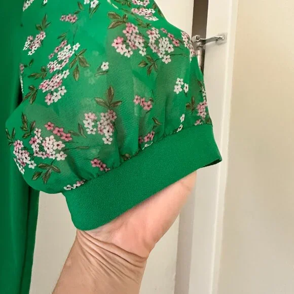 CeCe Green Mixed Media Green Top with Sheer Flower Sleeves - Picture 7 of 7